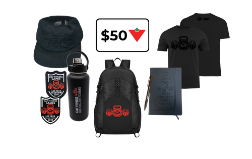 Grand prix CAF Fitness comprenant une carte-cadeau de 50 $ chez Canadian Tire, un sac à dos CAF Fitness, un t-shirt, une bouteille d’eau, un carnet, un stylo, un autocollant et un patch Velcro.