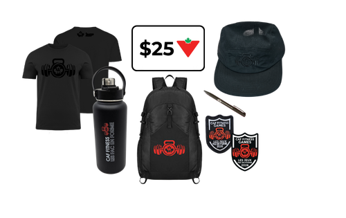 Prix de catégorie secondaire CAF Fitness comprenant une carte-cadeau de 25 $ chez Canadian Tire, un sac à dos CAF Fitness, un t-shirt, une bouteille d’eau, un stylo, un autocollant et un patch Velcro.