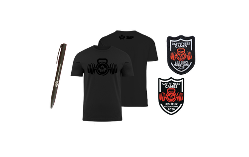 Prix de catégorie tertiaire CAF Fitness comprenant un t-shirt CAF Fitness, un stylo, un autocollant et un patch Velcro.