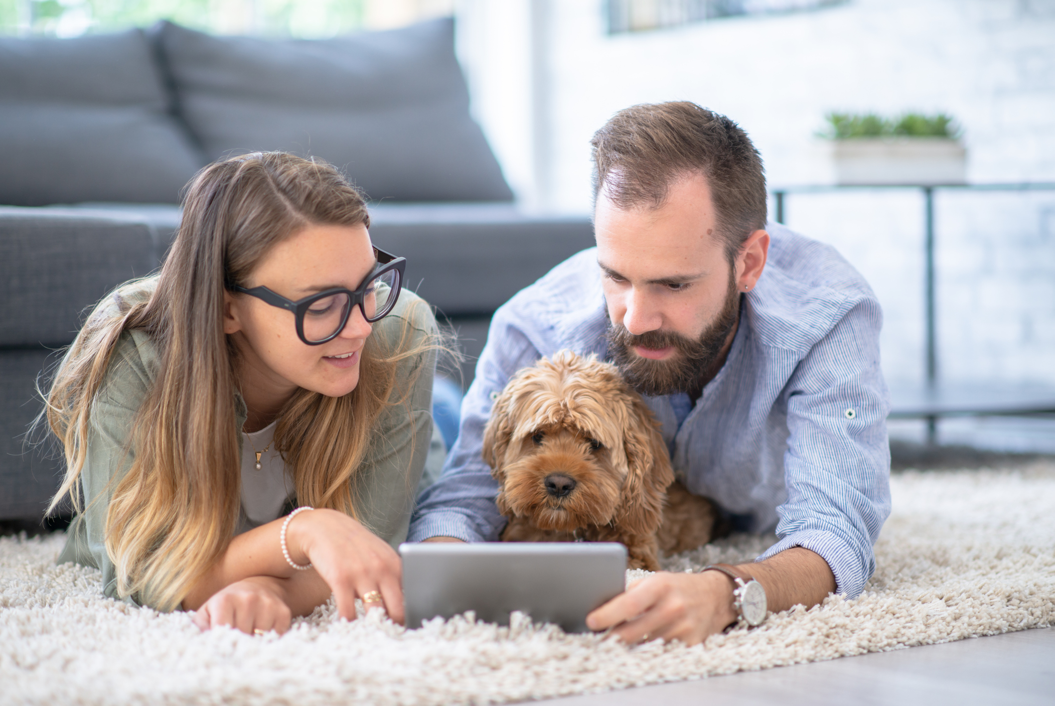 Family with dog and laptop