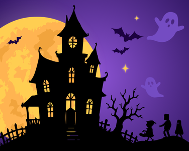Une maison hantée avec une grande lune, des chauves-souris et des fantômes.