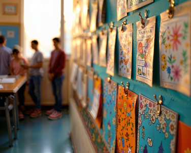 Un mur exposant les œuvres d'art des enfants avec des personnes en arrière-plan.