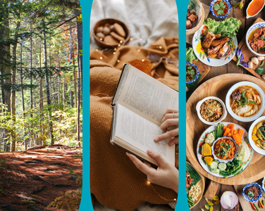 Trio d'images : sentier forestier, personne lisant un livre et table dressée.