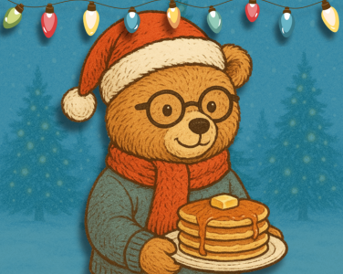 Illustration représentant un ours tenant des crêpes, coiffé d'un bonnet et d'une écharpe de Noël, avec des lumières festives au-dessus.