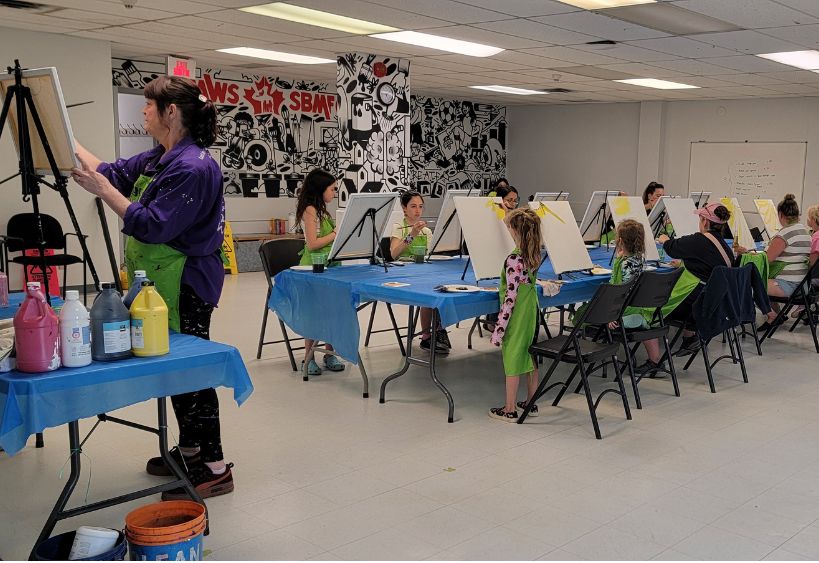 Un groupe de personnes peignant sur des toiles lors d'une soirée de peinture guidée.