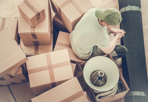 une personne et un chien avec des boites de demenagement