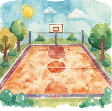 Une peinture à l'aquarelle d'un terrain de basketball par une journée ensoleillée