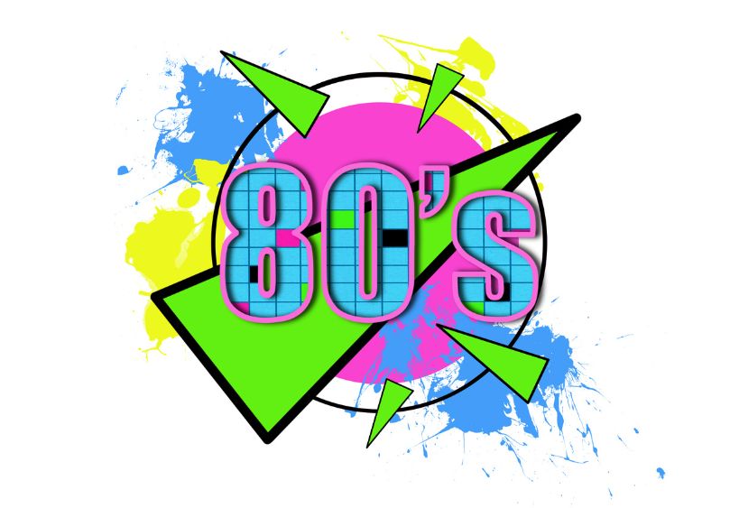 Une affiche colorée au style rétro des années 1980 met en vedette le texte « 80’s » entouré de formes géométriques vives.