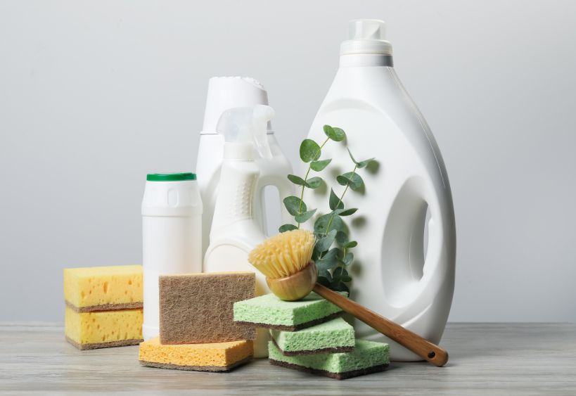 Un assortiment de produits d'entretien ménager, d'éponges et d'une brosse de nettoyage disposés sur une table.