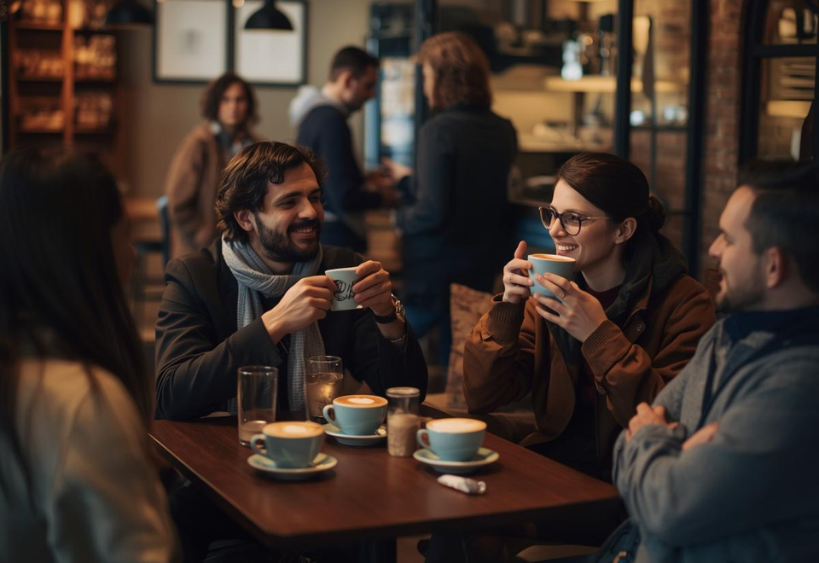 Des gens dégustant un capuccino dans un café local