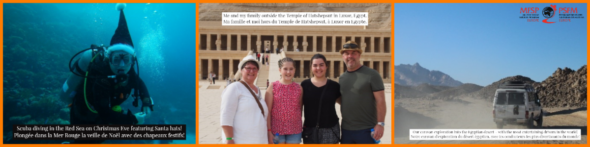 trois images de Mackenzie faisant de la plongée sous-marine, devant un temple à Louxor avec sa famille, et à l'arrière d'une caravane dans le désert
