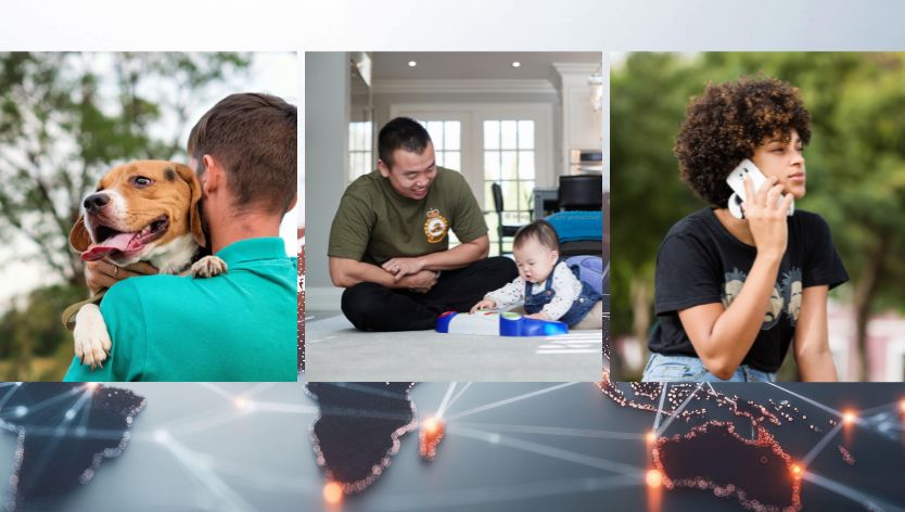 familles avec chien, enfant et au téléphone