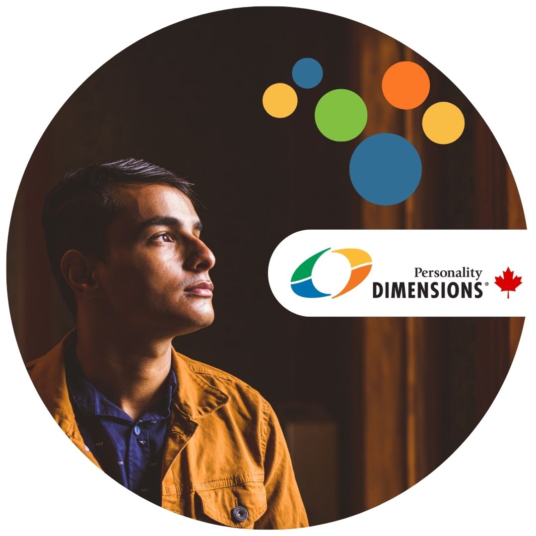 Homme pensant, logo Dimensions de la personnalité, petits cercles colorés