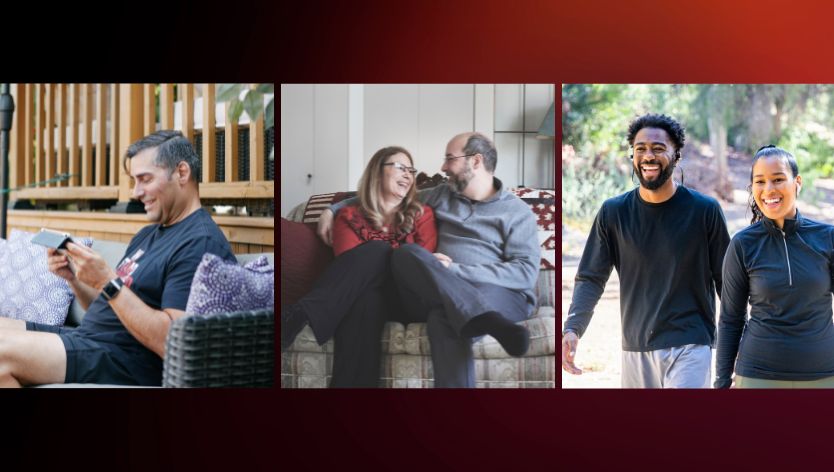 homme sur une tablette, couple sur un canapé, couple faisant du jogging