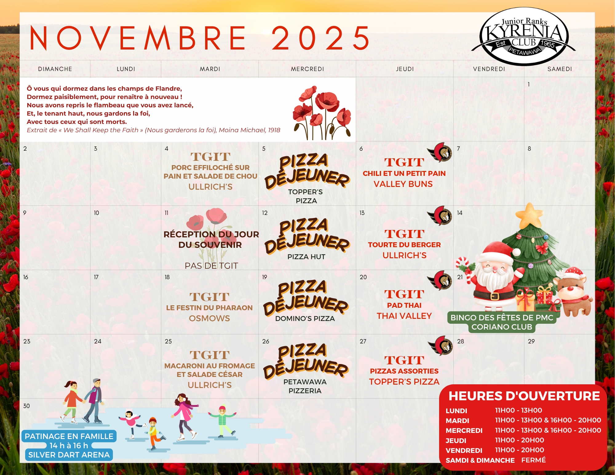 Calendier du novembre