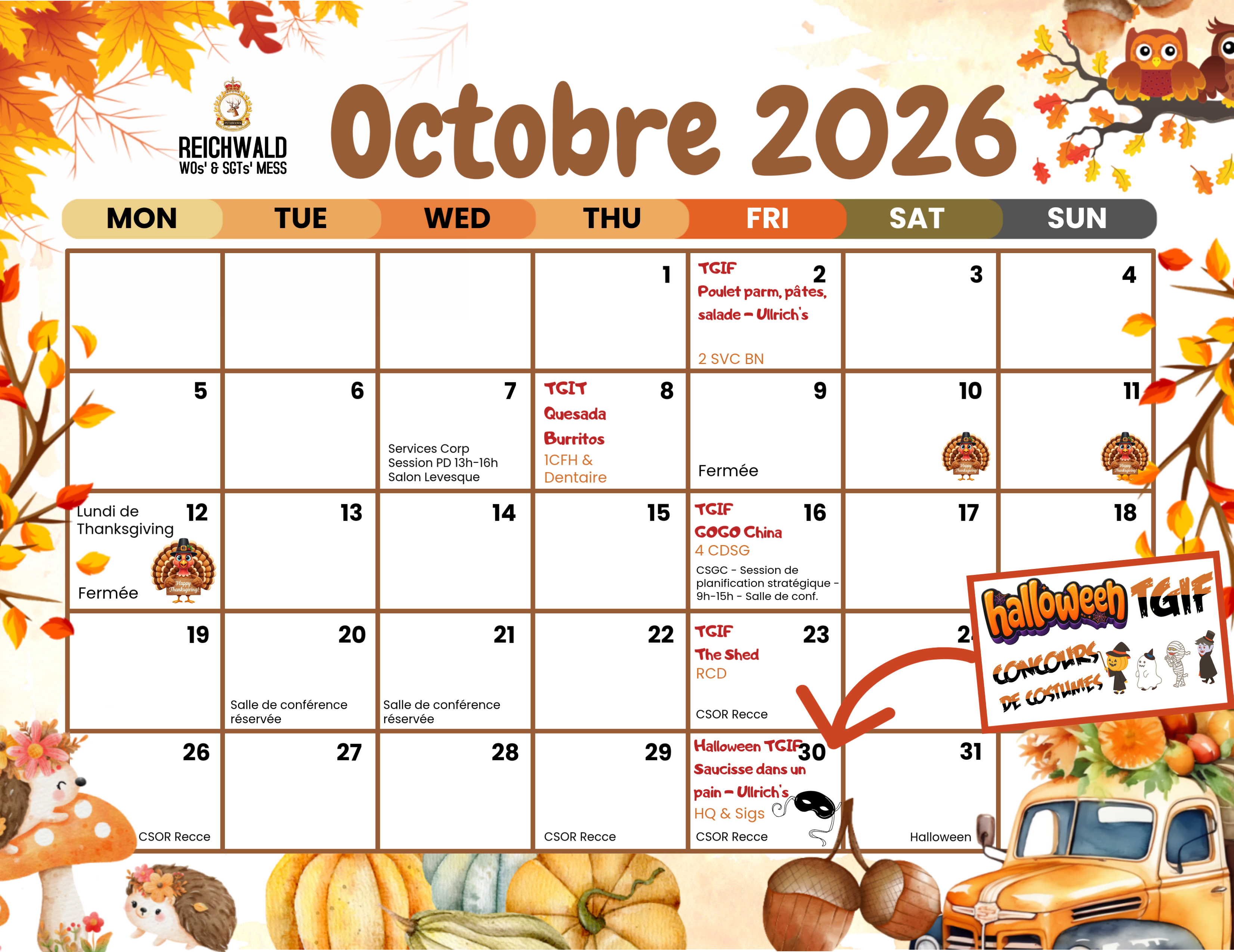 Calendrier d'octobre