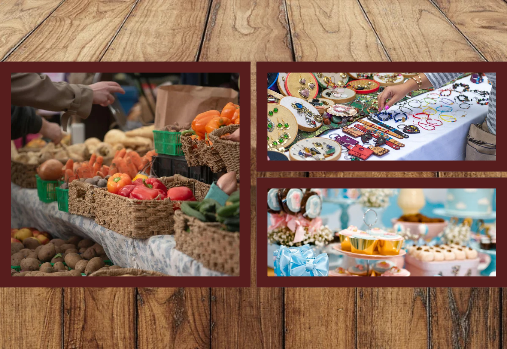 un collage de 3 photos montrant des produits frais, des bijoux faits main et des pâtisseries maison