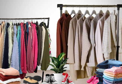 des portants et des piles de vêtements et de chaussures