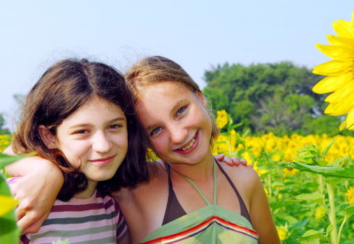 Deux préadolescentes debout, bras dessus bras dessous, dans un champ de tournesols