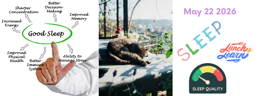 photo de chat endormi, graphique de conseils pour le sommeil et promotion pour le repas-conférence sur le sommeil