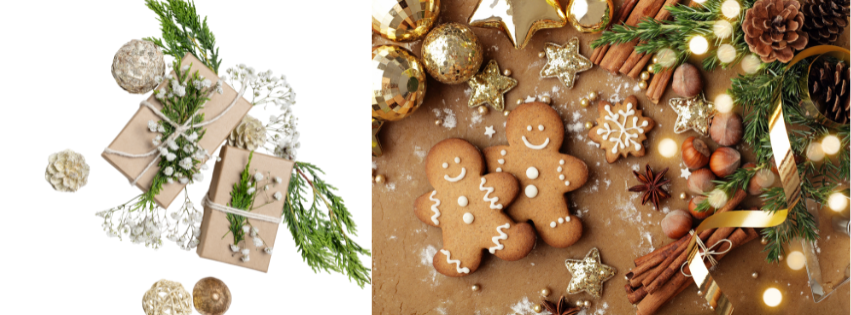 photo de bonshommes en pain d'épice et de cadeaux