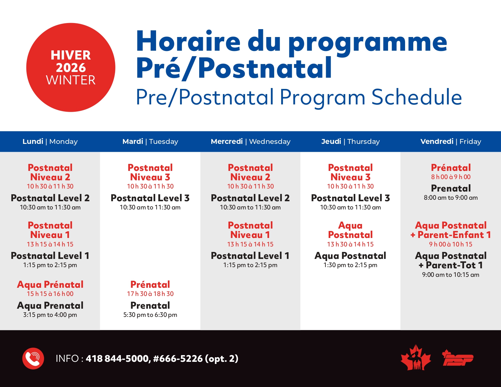Horaire cours pré post natal