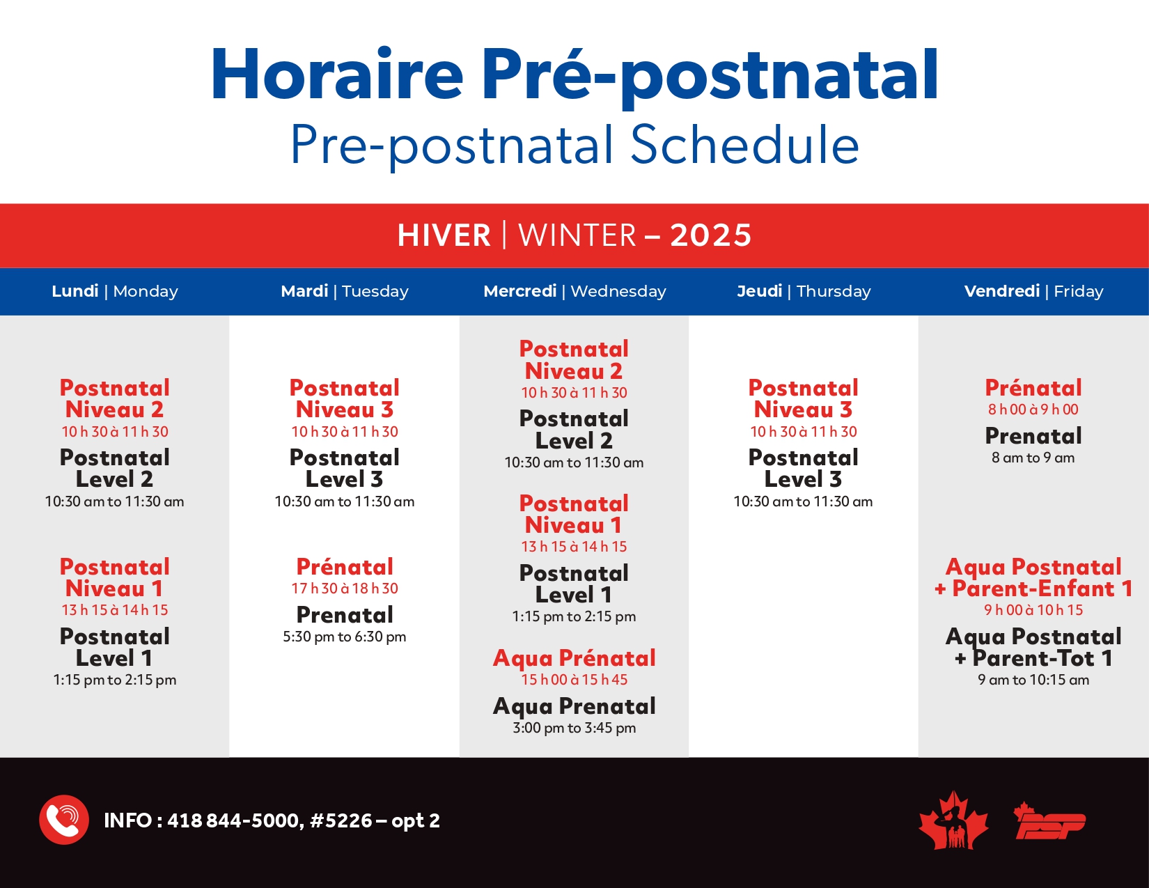 horaire pré post natal valcartier