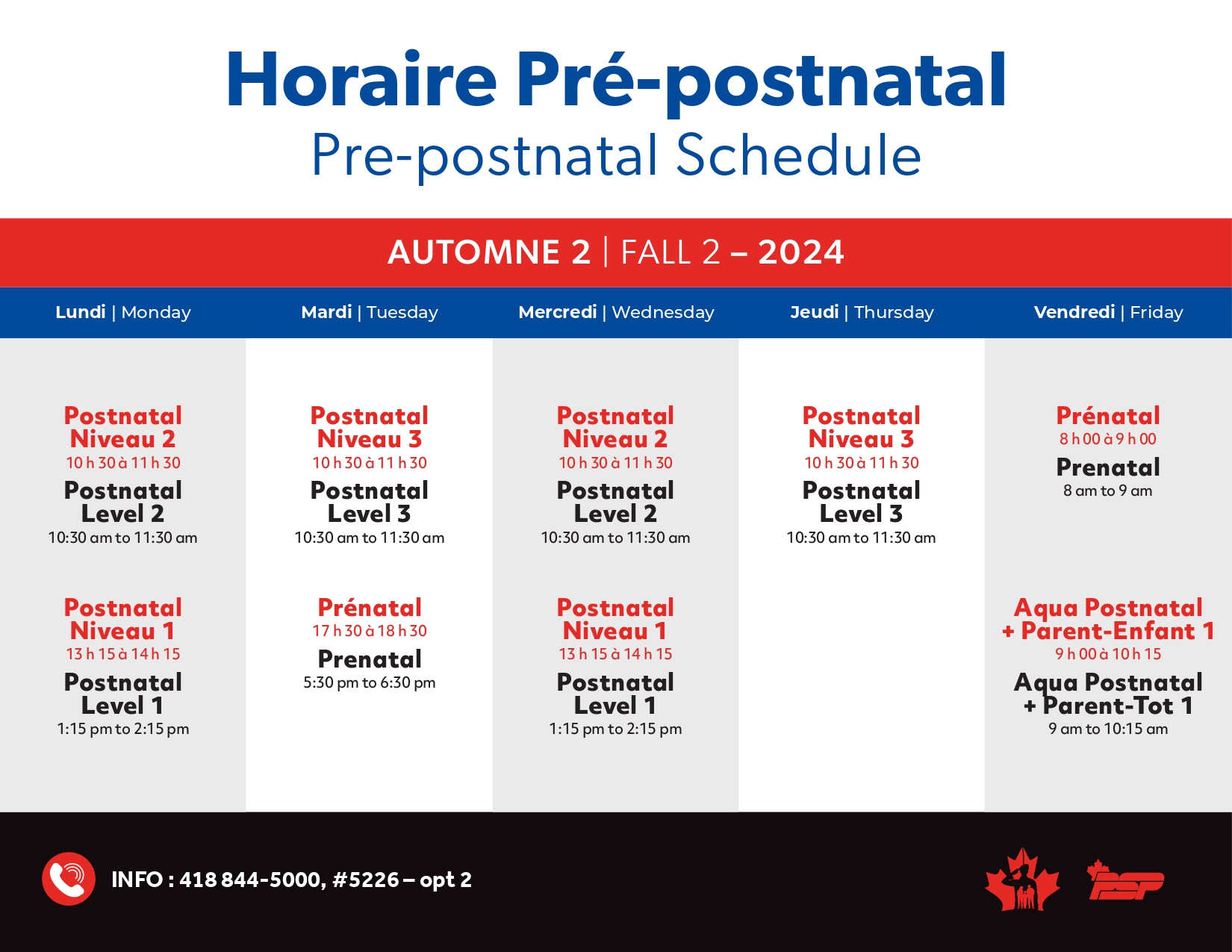 Horaire cours pré post natal