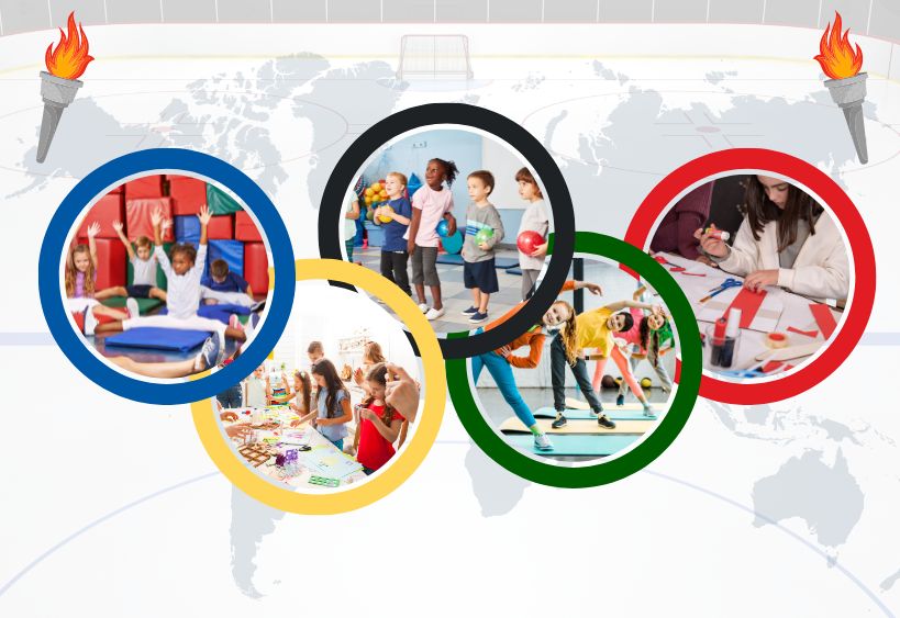 Des enfants pratiquant des activités à l'intérieur de cercles semblables aux anneaux olympiques, avec une carte du monde et une patinoire de hockey en arrière-plan.