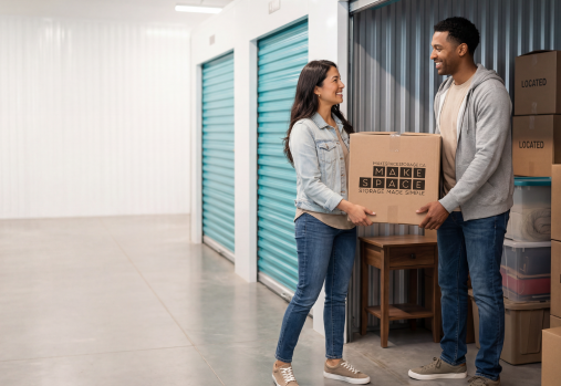 un couple range des cartons dans un garde-meuble