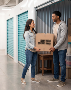 un homme et une femme transportant des objets dans un box de stockage