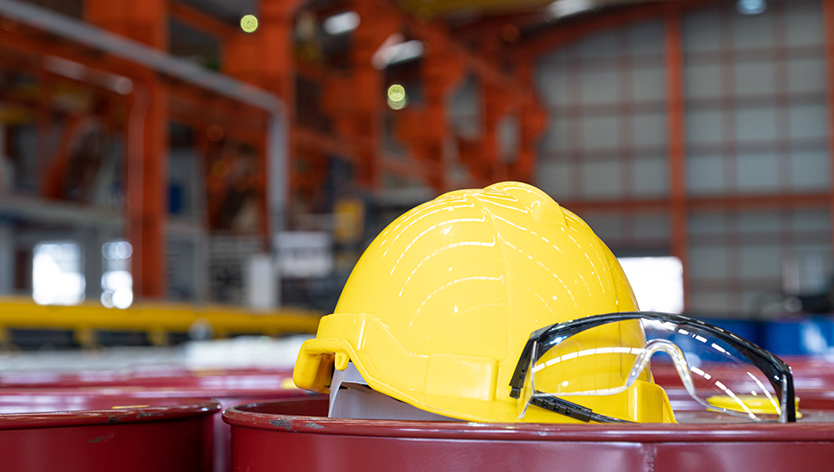 Un casque de chantier et une paire de lunettes de sécurité