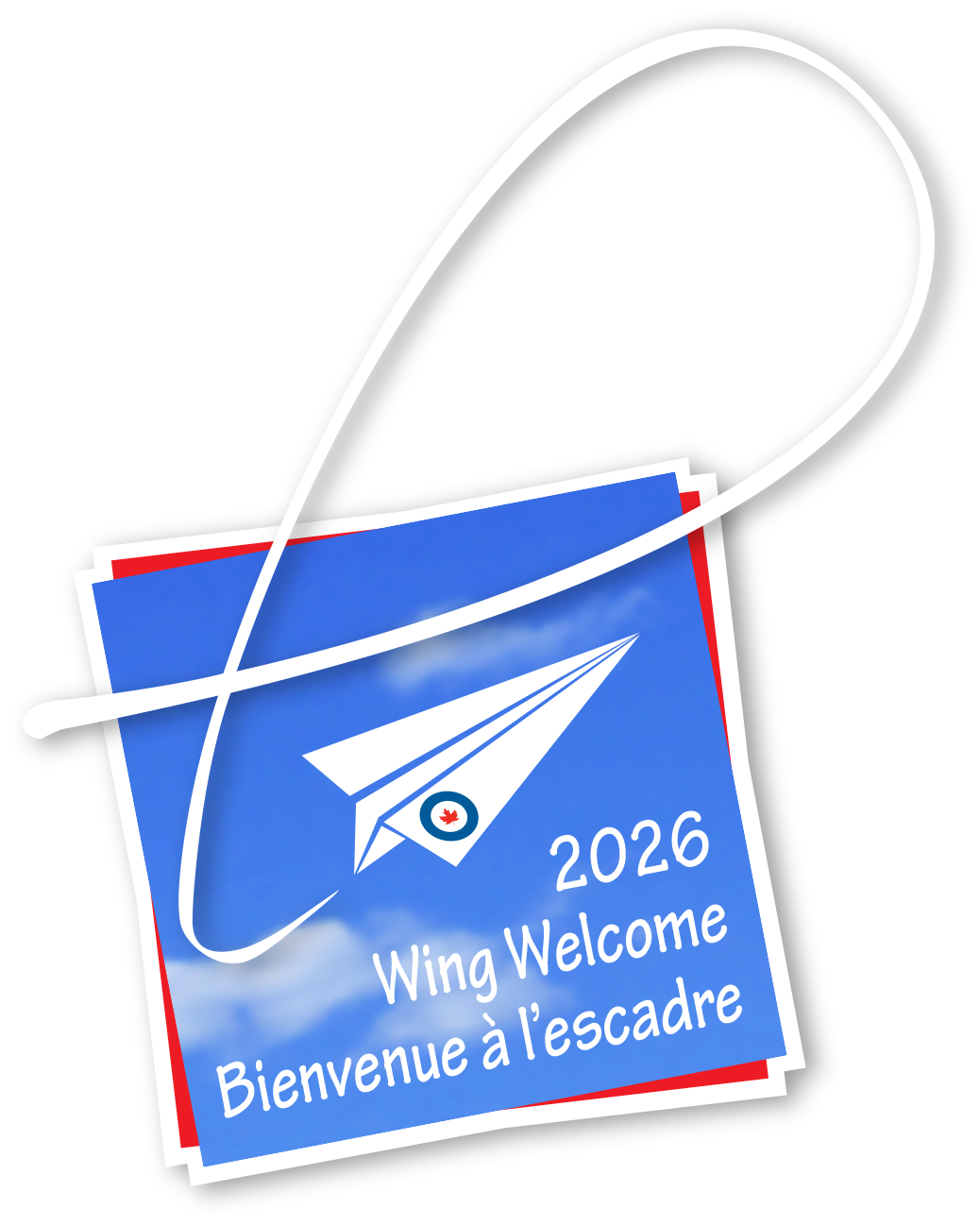 Un logo avec un fond de ciel bleu et un avion en papier arborant le logo de l’ARC. Sous l’avion en papier, le texte indique « Bienvenue à l’Escadre 202 » dans une police légère et aérienne.