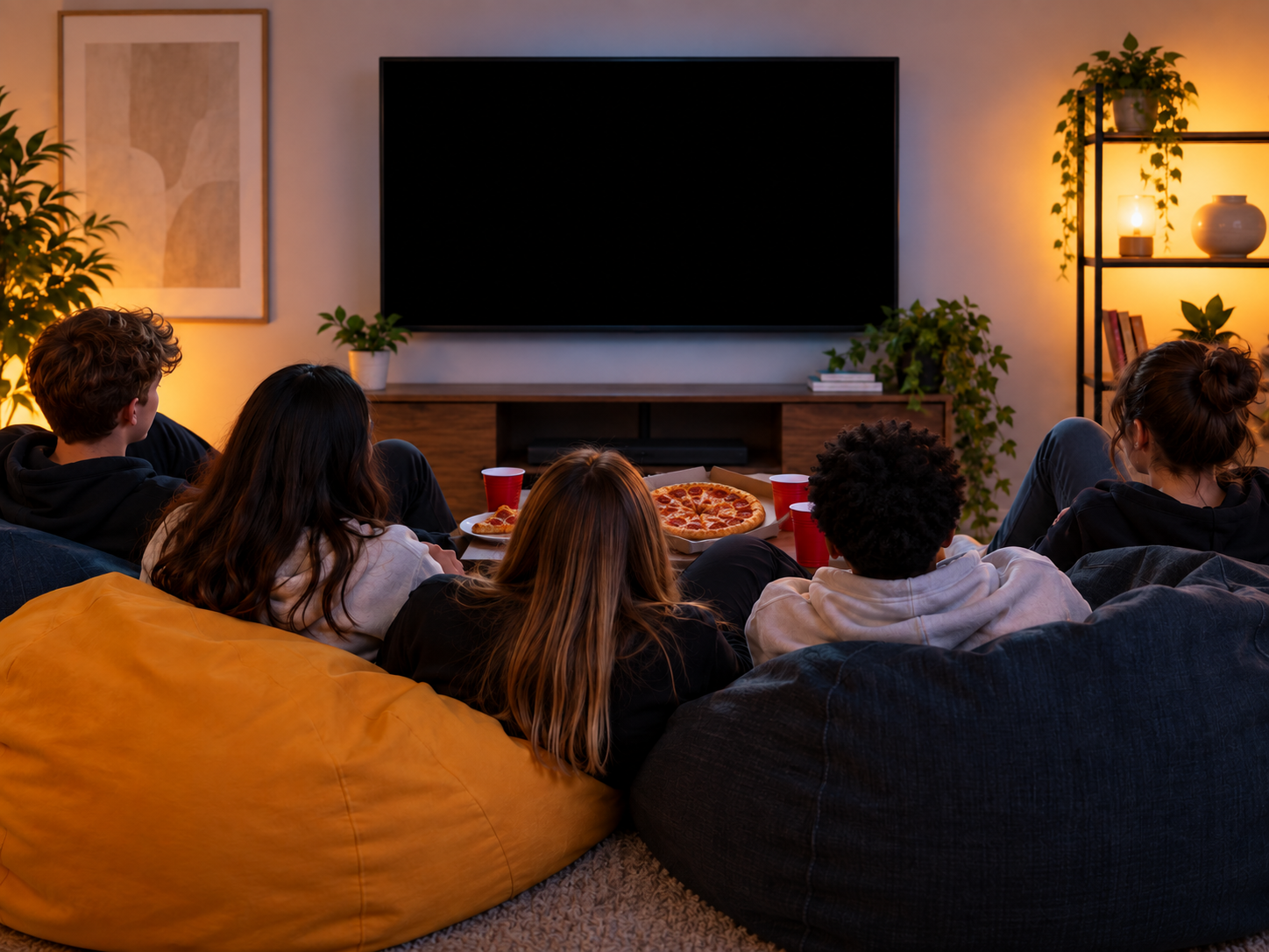 Un groupe diversifié de jeunes est réuni dans un salon chaleureux, face à un grand écran de télévision noir. De la pizza et des boissons sont disposées devant eux, créant une ambiance détendue de soir