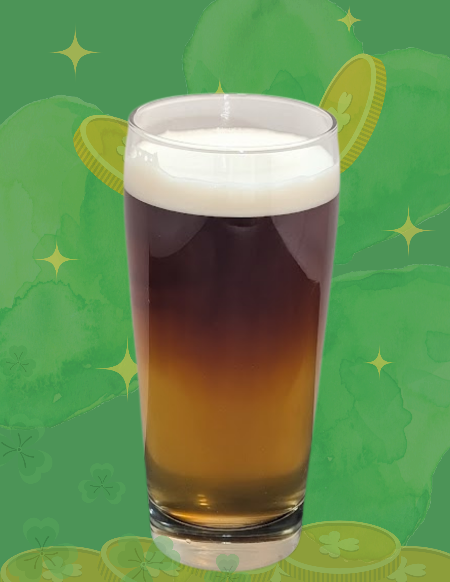 A picture of a layered beer over a shamrock and gold coin background