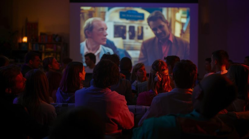 Groupe qui écoute un film sur un projecteur