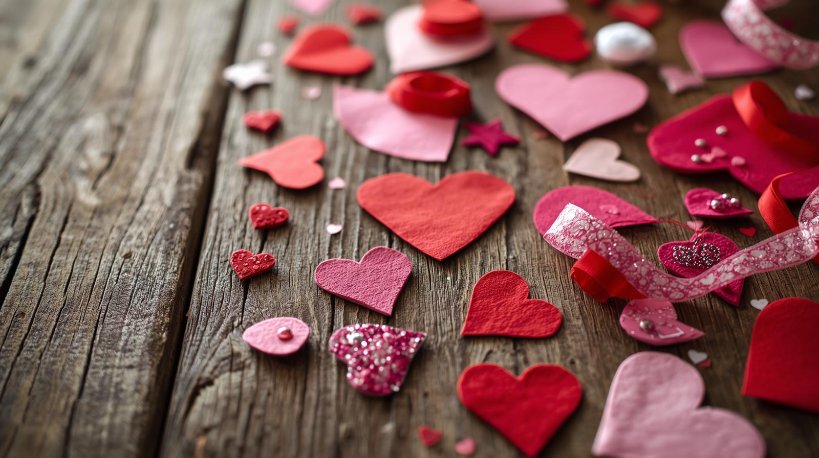 Découpez des cœurs étalés sur une table