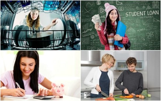 Adolescent chargeant le lave-vaisselle, étudiant et aidant à préparer le dîner